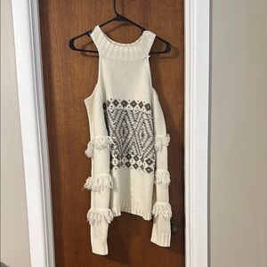 Off-the-Shoulder Cream Sweater with Fringe